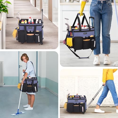 JKAOO Large Rolling Cleaning Caddy Bag with Detachable Trolley, Denim Blue - Image 6
