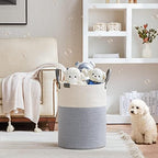 VIPOSCO 58L Tall Woven Rope Laundry Hamper, Leather Handles, Grey & White - Image 2