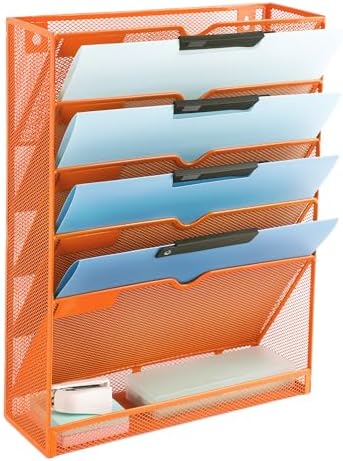 EASEPRES 6 Tier Mesh Hanging Wall File Organizer, Desk Vertical Mail Paper Document Folder Holder Rack with Bottom Tray and Nametag Label for Office Home School, Orange by EASEPRES