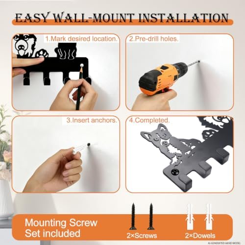Dog Leash Holder for Wall, 8 Metal Hooks for Leashes, Harnesses & Keys - Image 6