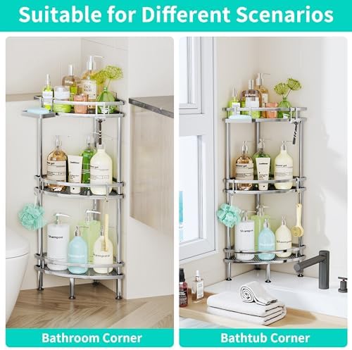 HapiRm Standing Corner Shower Caddy - 3 Tier Shower Organizer Corner with Soap Holder and 4 Hooks, Rustproof Bathroom Storage Shelves with Adhesives, Silver - Image 4