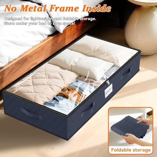 90L Under Bed Storage Containers, Storage Bags, Organizers, 2-Pack, Blue | Foldable, Soft Fabric, Closet Organizers, Reinforced Handle, Label Holder, Clear Window, for Comforters, Clothing, Blankets - Image 5