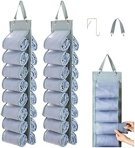 DHSFKBE Legging Organizer Storage - 2PCS T Shirt Organizer, Hanging Closet Organizers and Storage with 16 Roll Independent Compartments for Yoga Pants, Towel, Bathing Suit (Grey) by DHSFKBE