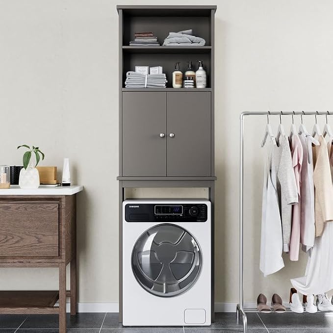 Shintenchi Over The Toilet Storage Cabinet, Bathroom Above The Toilet Rack, Bathroom Adjustable Shelf Organizer with Open Bottom Bar and Anti-Tip Device, Gray - Image 3