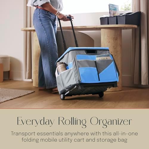 Folding Mobile Utility Cart, Canvas Organizer Bag, Blue/Grey - Image 3