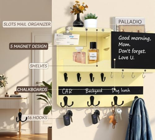 Key Holder Wall Mount with Shelf, Key Hooks for Wall, Ivory Yellow - Image 6