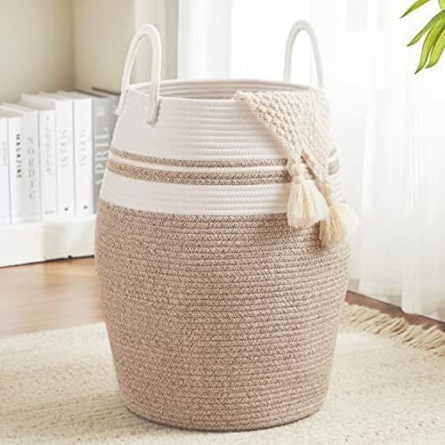 Extra Large Laundry Hamper Basket 105L Woven Blanket Basket, Brown & White by Fionasmagic