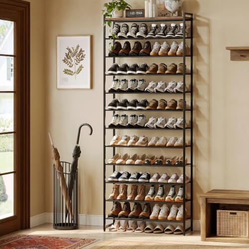 12 Tier Shoe Rack Organizer for 48-60 Pairs, Tall Metal Shoe Storage Shelf with Wood Top, Adjustable Boot Space, Narrow Design for Entryway Closet, Rustic Brown and Black - Image 2