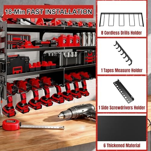 33" W Power Tool Organizer with Charging Station, 4 Layers Heavy Duty Metal Tool Storage Rack Wall Mount 8 Cordless Drill Holder with 4 Power Strip, Battery Organizer for Garage, Workbench,Tool Room - Image 3
