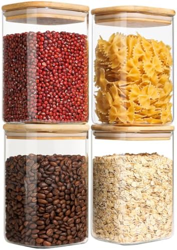 ComSaf Square Glass Containers with Lids 1.2 Qt, Set of 4 Pantry Glass Jars by ComSaf