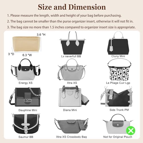 Doxo Small Purse Organizer Insert for Handbags, Felt Neverfull BB Organizer Insert,Mini Tote Bag Organizer with Zipper Pocket, Fit Neverfull BB Longchamp Xtra Energy S and More, Beige-XS - Image 3