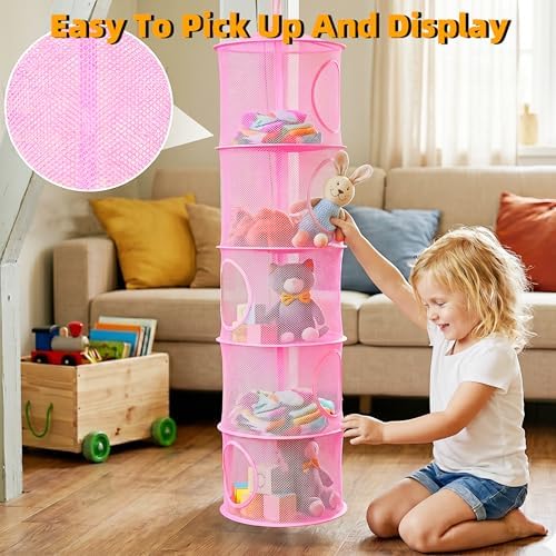 Hanging Stuffed Animal Storage Hammock Net 5 Tiers, Pink - Image 5