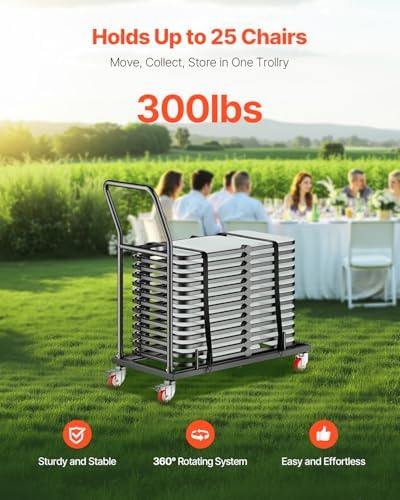 VEVOR Folding Chair Rack, 300 LBS Capacity, L-Shape Horizontal Placement Chair Cart for 25 Chairs, Heavy-Duty Metal Chair Storage Dolly with Rubber Wheels and Holders, Large Chair Holder, Matte Black - Image 2
