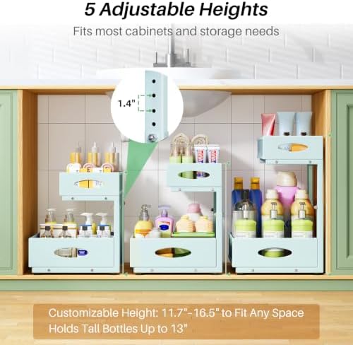 Under Sink Organizer, 1-Pack Pull Out Cabinet Organizer 2 Tier Metal Slide Out Storage Shelf Rack, L-Shaped Adjustable Height,Mesh Sliding Drawer for Kitchen, Bathroom, Laundry, Pantry, Blue, XL - Image 5