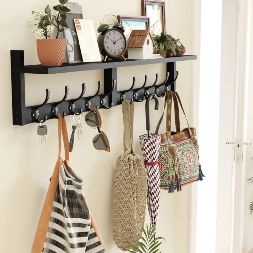 AMBIRD 34.2" Extra Long Wooden Wall Hook Rack with Shelf - Versatile and Decorative Wall-Mounted Storage with 10 Hooks for Coats, Hats, Keys - Ideal for Entryways, Bedrooms, Closets (Stylish Black) - Image 2