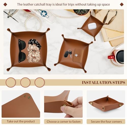 3 Pack Leather Valet Tray, 3 Sizes Catchall Tray Desk Organizer for Key Jewelry Trinket Watch Perfume Coin, for Entryway Table Nightstand Dresser Vanity Travel, Brown - Image 6
