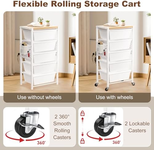 Rolling Cart with Drawers, Rolling Storage Cart with 4 Large Plastic Drawers & Wooden Tabletop, Utility Cart with Pegboards & Basket, Storage Drawers Cart for Living Room, Classroom, Bedroom, Office - Image 3