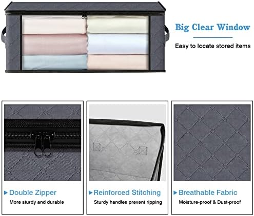 HomeHacks Storage 4-Pack Clothes Organizer Storage Bags Foldable Storage Box with Large Clear Window Sturdy Handles for Closet, Dorm, Pillows, Bedding, Clothes, Stuffed Toys, Blankets, Grey | Foldable Storage Box Container with Zippers, Clear Window, R... - Image 3