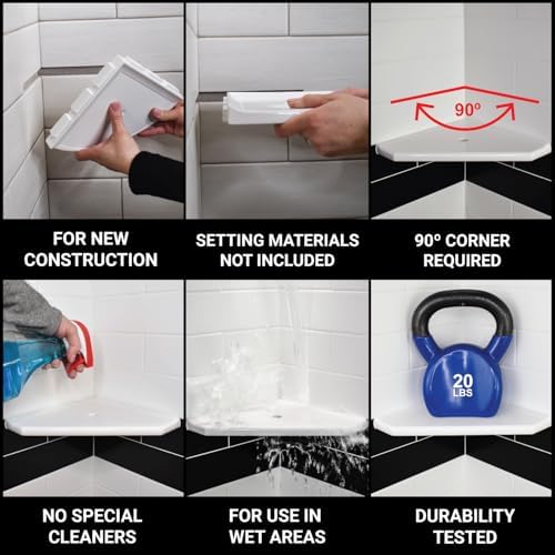 Questech 10" Corner Shower Shelf - Lugged for New Construction, Shower Organizer for Tiled Walls, Corner Caddy Soap Dish Bathroom Storage, Metro Lugged, White Polished - Image 6
