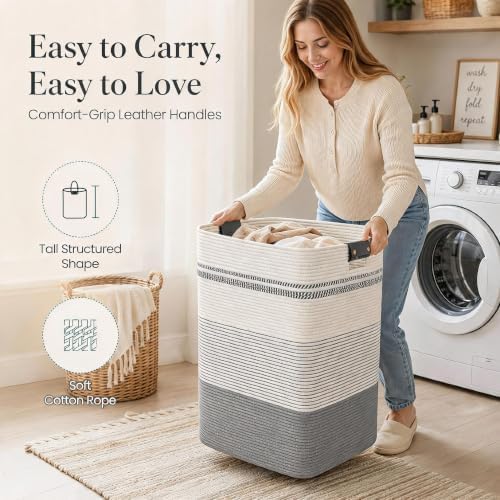 Laundry Hamper, Cotton Rope Laundry Basket with Leather Handles, 25.1-Gallon/95 L Large Clothes Hampers for Laundry, Woven Laundry Baskets for Blankets, Clothing, Bedroom, Living Room, Nursery - Image 4