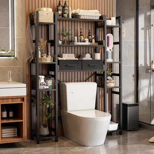 Besiost Over The Toilet Storage, 11 Tier Bathroom Organizer with Dual Side Racks and 2 Fabric Drawers, Adjustable Freestanding Rack Space Saver for Small Spaces, Grey Oak - Image 5