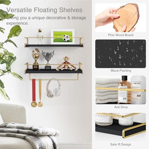 Forbena Black and Gold Bathroom Floating Shelves for Wall, Decorative Wall Mounted Shelves for Kitchen Coffee Bar Station Organizers and Storage, Hanging Shelving Unit for Bedroom Living Room (2-Pack) - Image 6