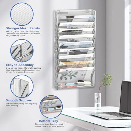 EasyPAG Wall File Holder 10 Tier Mesh Hanging Folder Organizer with Flat Tray Wall Mounted Mail Organizer Magazine Paper Desk Shelf with Nametag Label for Office Home School, Silver - Image 2