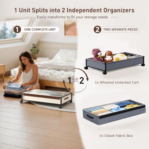 OMAIRA Under Bed Storage with Wheels, Underbed Shoe Storage Organizer with Clear Lids,& Rolling Drawers for Clothes, Shoes, Toys – Multi-Use Storage Bins and Drawers, 2-Pack Splittable into 4-Pack - Image 2