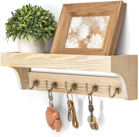 Rebee Vision Key Holder Wall Mount with Shelf for Room Decor, Natural Wood by REBEEVISION