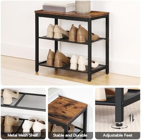 HOOBRO Shoe Bench, 3-Tier Shoe Rack, Industrial Shoe Organizer Storage Bench, 19.7 inches Entry Bench with Mesh Shelves, for Entryway, Living Room, Hallway, Easy Assembly, Rustic Brown BF50HX01 - Image 5