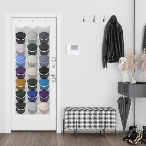 Baseball Hat Rack, 24 Pocket Over-The-Door Hat Organizer with Clear Deep Pockets to Display Baseball Caps Collection, Complete with 3 Over Door Hooks (White, 24 Pockets) - Image 7