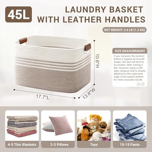 45L Small Woven Laundry Basket Hamper with Leather Handles,Brown - Image 2
