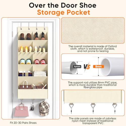 5 Tier Over the Door Shoe Organizer with 3 Bottom Hooks, Black - Image 6