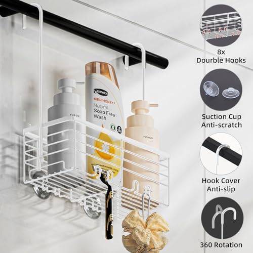 SHANSHUI Shower Caddy Hanging Bathroom Organizer Basket, Shampoo Bracket, Over Door Showers Caddy with Hooks, 304 Stainless Steel Rust Proof Rack- White - Image 5