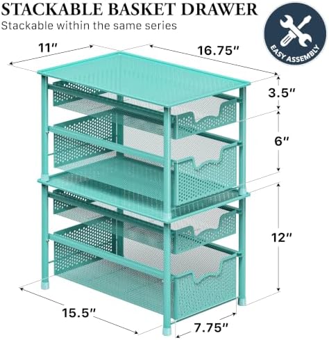 Simple Houseware Stackable 2 Tier Sliding Basket Drawer, Turquoise - Image 2