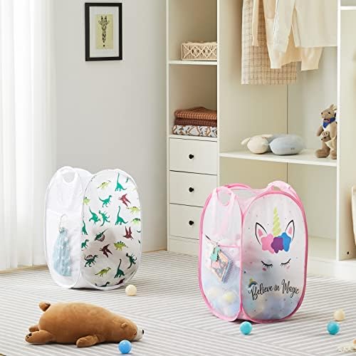 TECHMILLY Collapsible Mesh Pop Up Laundry Hamper with Sturdy Handles and Side Pocket - Portable Foldable Clothes Baskets for Dorm, Bathroom & Travel Storage (Unicorn) - Image 2