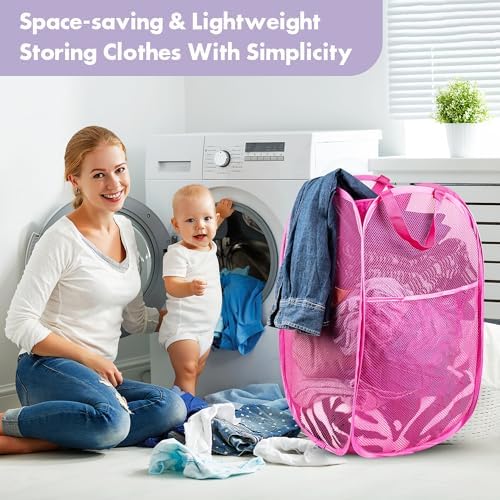 Pop Up Laundry Hamper, 70 L Collapsible Mesh Basket with Side Pocket, Pink - Image 7