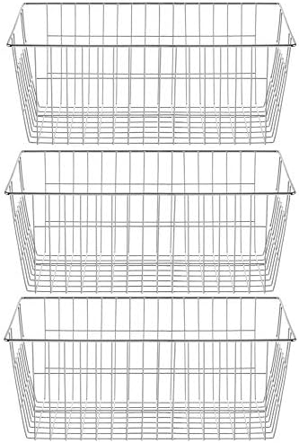 SANNO Freezer Baskets Wire Storage Baskets Closet Organization Baskets Bin Farmhouse Storage Bins Large Organizer Bins for Home, Office, Bathroom, Pantry -Set of 3, Chrome, 15.7" by SANNO