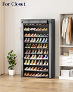 Kitsure 10-Tier Shoe Rack with Cover, Tall Shoe Shelf, 33" Wide, Grey | Large Capacity Shoe Storage with Side Pocket, Shoe Organizer for Closet, Entryway, Bedroom, Zapateras Organizer - Image 3