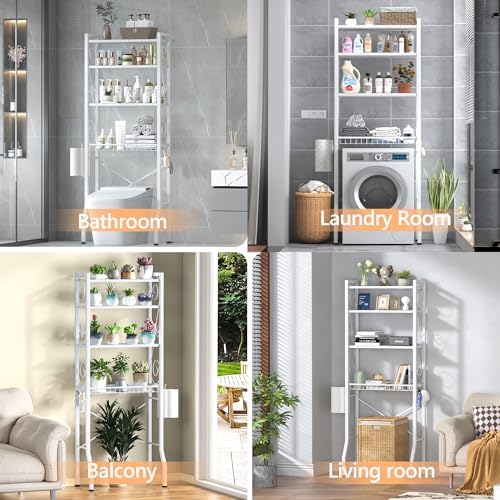 Aduanbang 4 Tier Over The Toilet Storage Rack, Bathroom Organizer Shelf with Basket, Adjustable Shelves, Freestanding Space Saver for Small Bathrooms (White) - Image 5