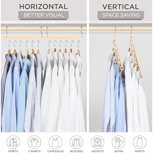 MORALVE Space Saving Hangers for Closet – 4 Pack European Beechwood 6-Tier Shirt Organizer with 360° Swivel Hook – Collapsible Clothes Hanger for Closet Organization (Hangers Not Included) - Image 4