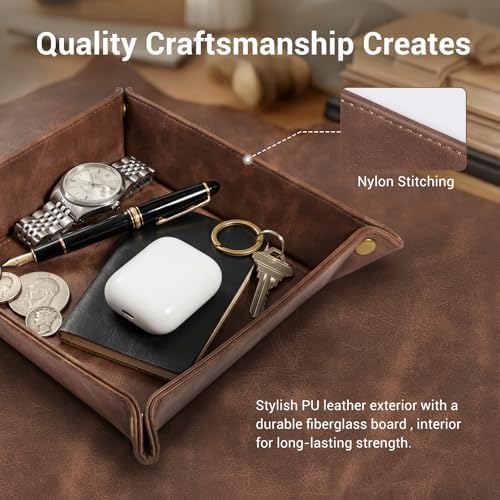 CoBak Leather Valet Tray, Premium PU Leather Catch-All Tray for Entryway Table Key, Phone, Wallet, Coins & Jewelry, Bedside Nightstand Desk-top Catchall (Brown) - Image 3