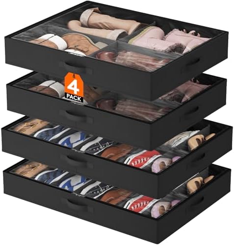 Lifewit Under Bed Shoe Storage Organizer 2 Pack(14 Shoes Cells+4 Boots Cells), 4.3 Inches Profile Fabric Shoes Container Box with Clear Cover, Foldable Storage Bag with 2 Handles, Fits 22 to 36 Pairs by Lifewit