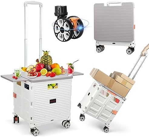 Foldable Utility Cart Folding Portable Rolling Crate with Magnetic Extended Lid,360°Rotate Wheels,176LBS Load Capacity,Heavy Duty Durable Dolly Cart for Teacher Tourist Shopping Office Outdoor(White) by ZIYOULANG