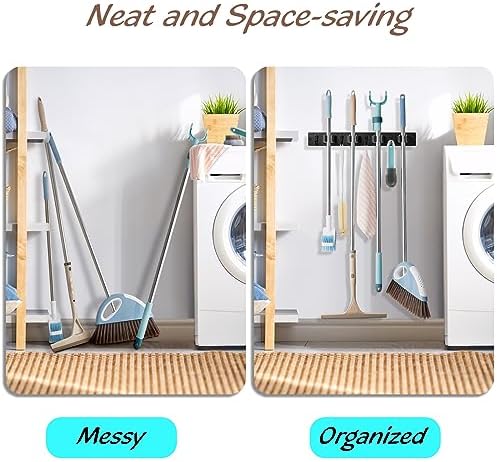 OUTNILI Black Mop Broom Holder Wall Mount with 4 Slots & 4 Hooks - Rustic Wood Broom Mop Hanger for Pantry Closet Laundry Room Organization - Heavy Duty Garden Tool Organizer - Black Kitchen Decor - Image 3