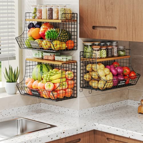3 Pack Extra Large Fruit Basket for Kitchen with Wood Lid Nameplate - Counter&Wall Mounted Onion and Potato Storage Bin, Stackable Metal Hanging Wire Baskets,15.74 * 8.66 * 10.63 inch - Image 3