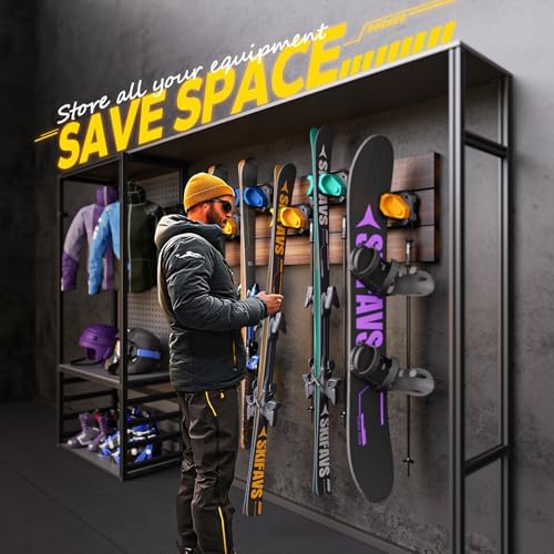 Ski & Snowboard Wall Rack for Garage Wall Fits Any Ski/board, Ski Wall Mount Holders Damage-Free Storage Rack, Garage Organization Space-Saving Winter Gear Organizer, Yellow, 4 Pack - Image 3
