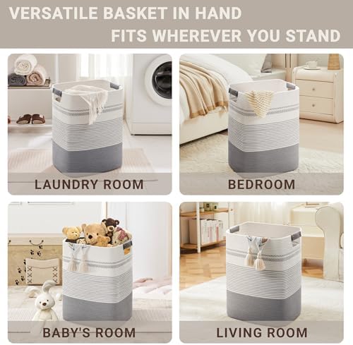 75L Tall Woven Laundry Basket Hamper with Leather Handles,Grey - Image 4