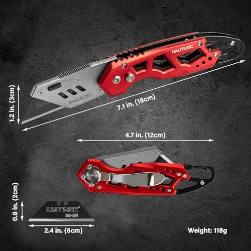HAUTMEC Heavy Duty Folding Utility Knife, Aluminum Box Cutter with 11PCS SK2H Blades, EDC Safety Work Knife with Belt Clip & Carabiner for Fast-Cutting Tasks, HT0263 - Image 3