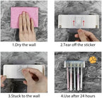 5 Slots Wall Mount Toothbrush Holder with Cover, Self Adhesive Toothbrush Storage Organizer for Shower, Toothbrush Hanger for Bathroom, Medicine Cabinet, Dorm(White + Blue) - Image 6